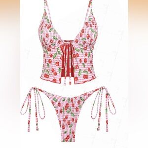 Cherry Print smocked tied front tankini Set  Large/ 0197